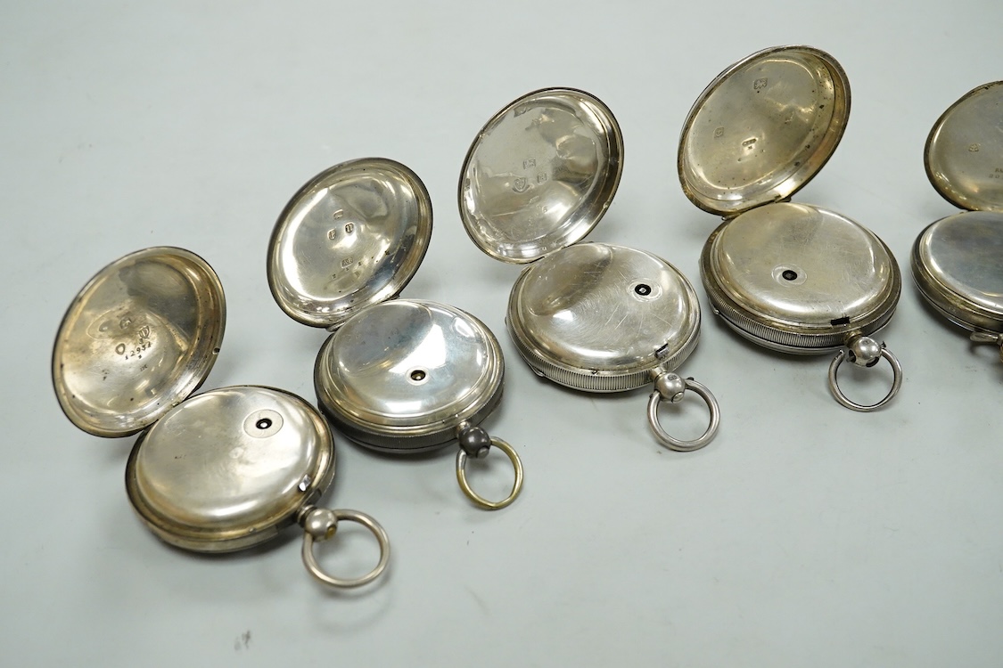 Seven assorted mainly early 20th century silver open faced pocket watches including Kendall & Dent, case diameter 51mm and Waltham, together with a late Victorian silver hunter pocket watch(a.f.).